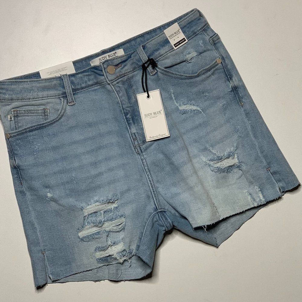 Judy Blue High Rise Cutoff Light Wash side slit Destroyed shorts